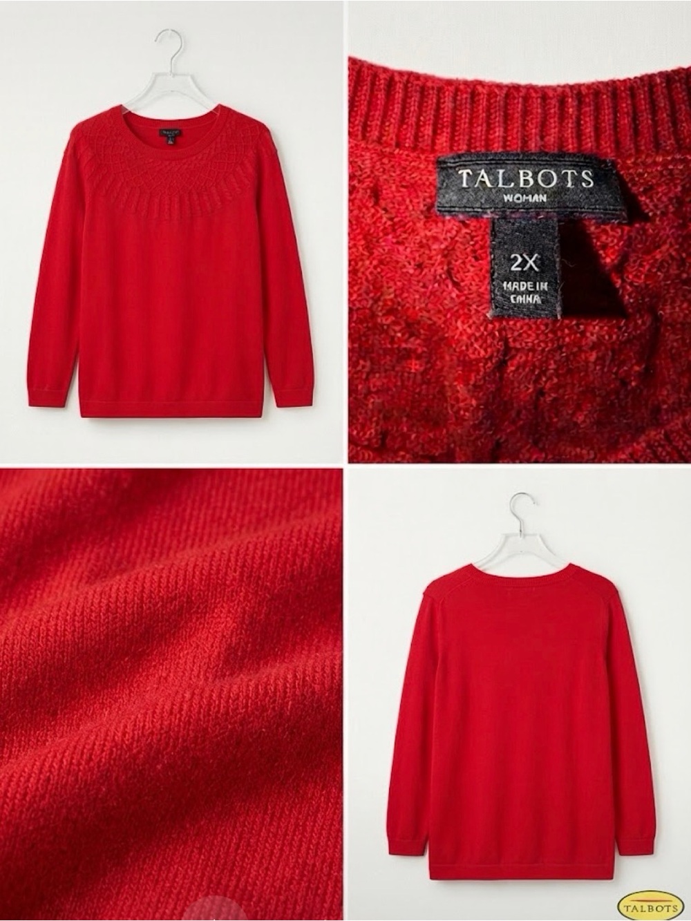 Talbots Red Crewneck Sweater with Textured Yoke